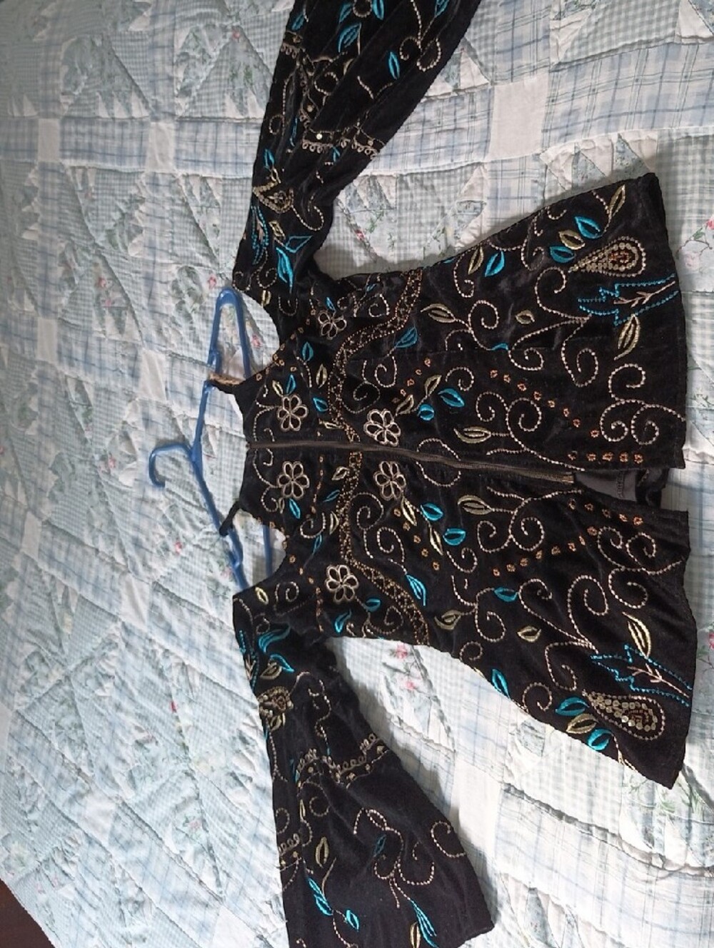 Black Embroidered Velvet Tunic Top with Teal Accents - Picture 9 of 11